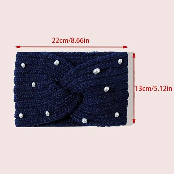 NWT Black Colored Vintage Knitted Headband/Ear Warmers With Pearl Beaded Decor - Picture 3 of 7